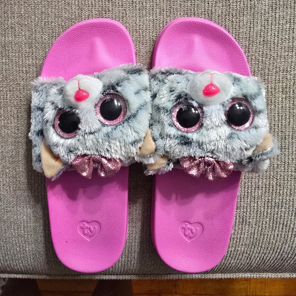 Ty Beanie Boo Owl Plush Slide Sandals Pink Girls Size 4/6 Cute Slippers